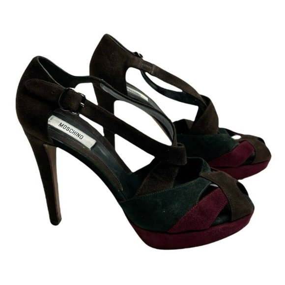 ❣️ Moschino Women's Brown Green Red Peep Toe Strappy Stiletto Heels Sz U… - Picture 5 of 7